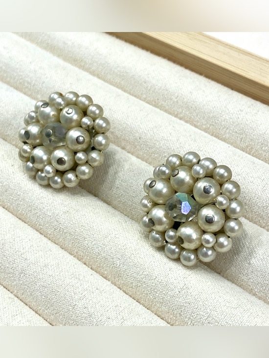 Jewelry - Vintage Japan Pearl Clip On Earrings Cluster Crystal Faux Bead Mid Century